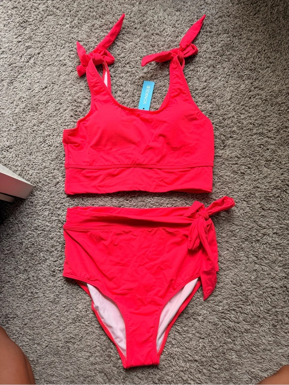 Younique Coral Tie-Shoulder High-Waist Bikini Set